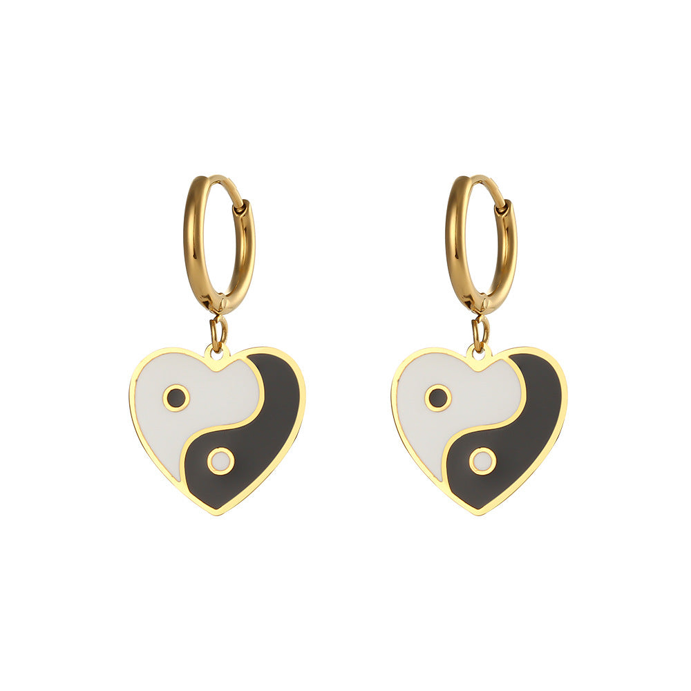 Fashionable Geometric Wheel-Shaped Stainless Steel Earrings with 18K Gold Plating and Enamel Coloring for Women