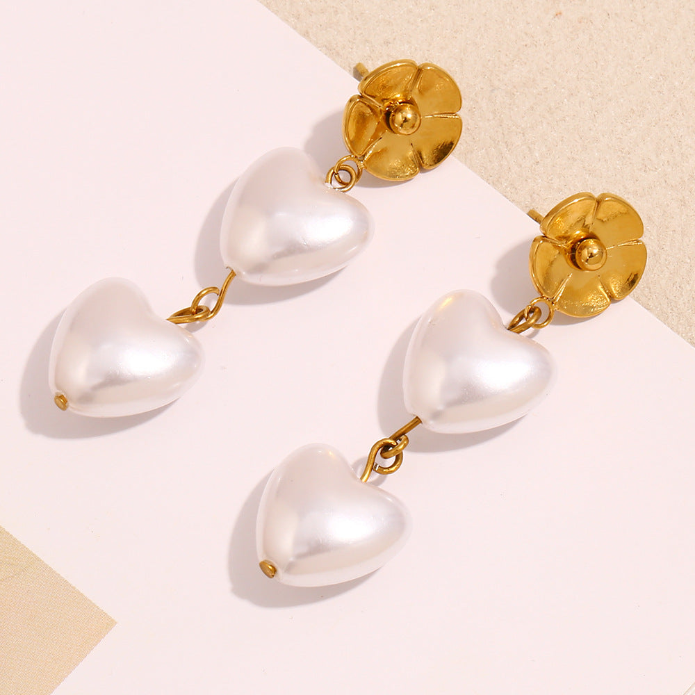 Vintage Floral Heart-Shaped Stainless Steel Earrings with 18K Gold Plating and Pearl Accents for Women