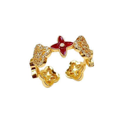 Anillo ajustable de cobre galvanizado con trébol de cuatro hojas microincrustado, lujoso, estilo vintage, para mujer
