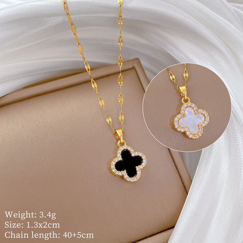 Lucky Clover Necklace and Earrings Set in Titanium Steel with Geometric Design, Electroplated Finish, Fresh and Sweet Style
