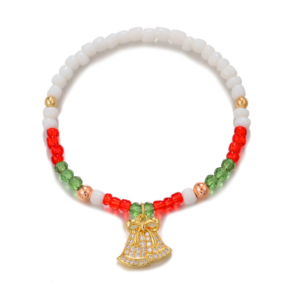 Handmade Geometric Christmas Tree Bell Pendant Brass Cubic Zirconia Seed Bead Elastic Bracelet