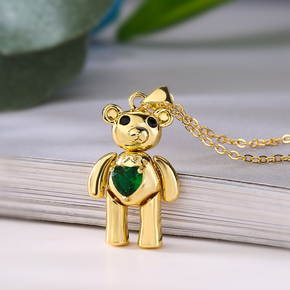 Cute Minimalist Bear-Shaped Copper Pendant Necklace with Real Gold Plating and Zircon Accents for Women