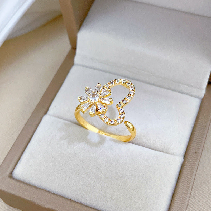 Sweet Gold Plated Brass Rotating Flower Crown Cubic Zirconia Adjustable Ring for Women and Couples