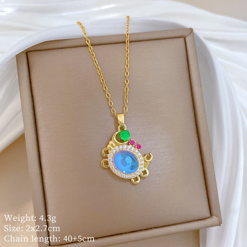 Sweet Gradient Animal Rhinestone Pendant Necklace Titanium Steel Chain for Unisex