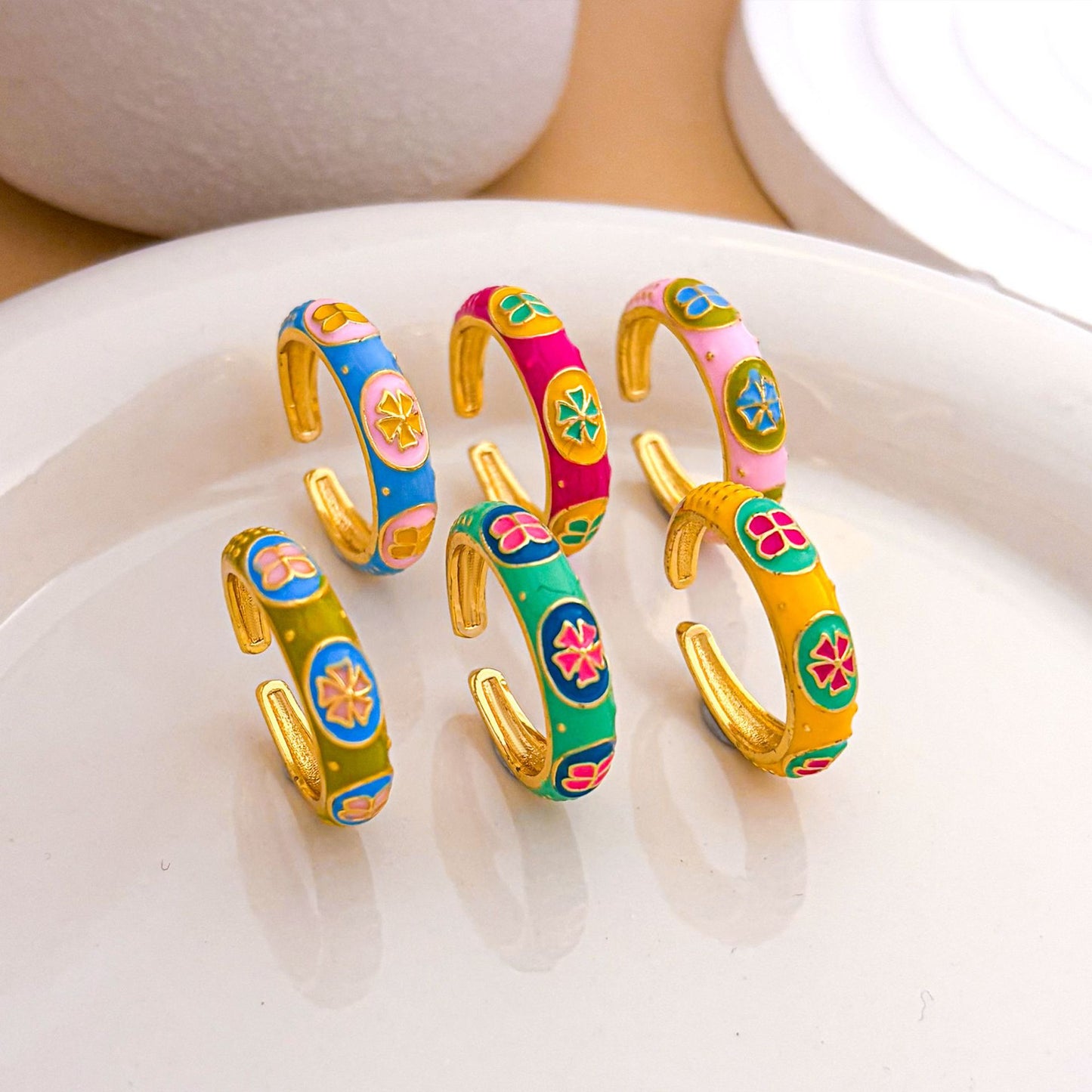 Sweet Minimalist Floral Enamel Gold Plated Brass Adjustable Ring for Women
