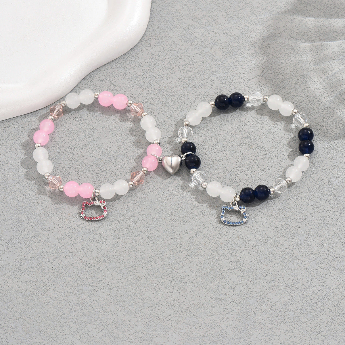 Set di bracciali a forma di gatto con strass e cuore, in vetro, accessorio di moda per uomo e donna
