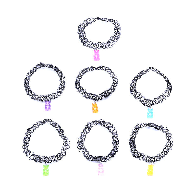 Simpatica collana choker in resina a forma di orsetto per bambini con cordino a rete elastico, set di gioielli multiuso
