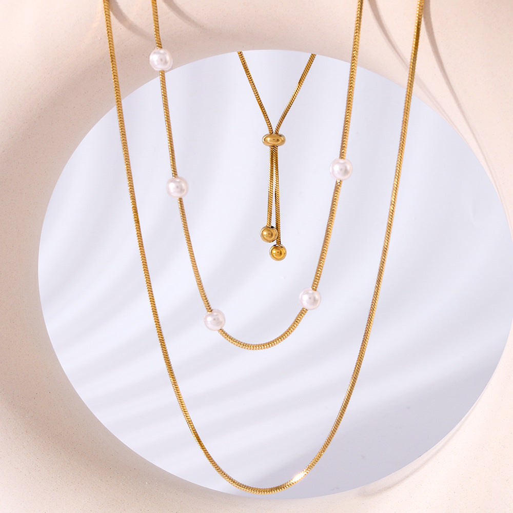 Minimalist Double-Layer Stainless Steel Necklace with 18K Gold-Plated Round Pendant and Adjustable Pearl Accent on O-Chain