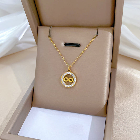 Minimalist Geometric Titanium Steel Gold-Plated Necklace for Women with Circular and Figure-Eight Pendant