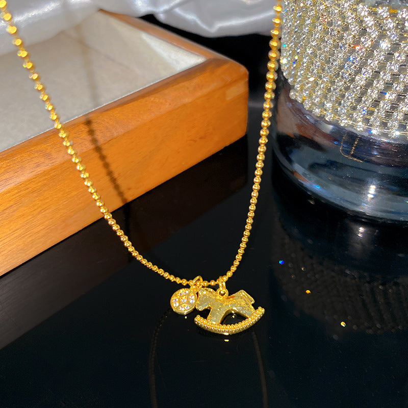 18K Gold Plated Geometric Horse Pendant Titanium Steel Ball Chain Necklace