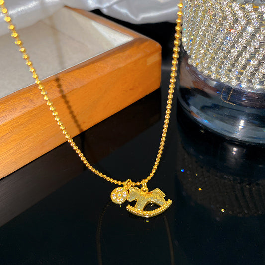 18K Gold Plated Geometric Horse Pendant Titanium Steel Ball Chain Necklace