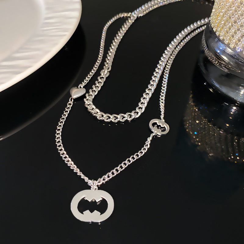 Streetwear Silver Plated Geometric Hollow Pendant Titanium Steel Double Layer Necklace