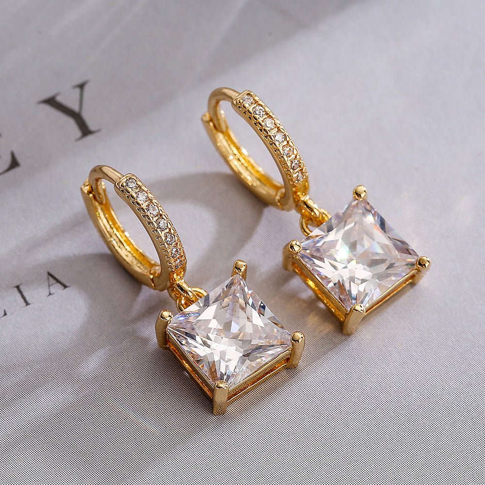 Minimalist Square Geometric Earrings in Copper with Real Gold Plating and Zircon Accents for Women