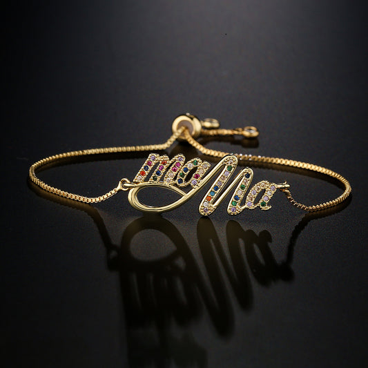 Geometric Style MAMA Pull-String Bracelet for Women Made of Brass with Gold Plating and Zircon Inlay