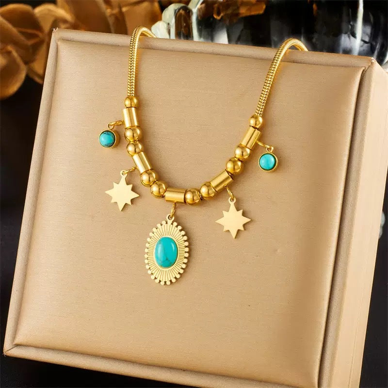 Minimalist Oval Star Turquoise Inlay Titanium Steel Necklace for Women