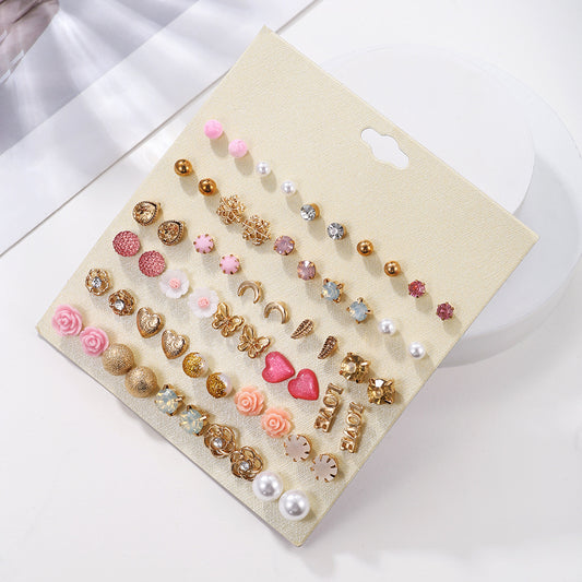 Sweet Natural Geometric Floral Heart Micro-inlay Cubic Zirconia Alloy Earrings Set for Women with Stainless Steel Posts