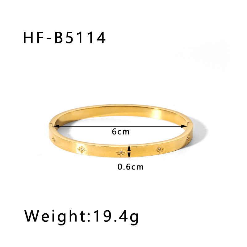 Vintage-Inspired Titanium Steel Cuff Bracelet with Zircon Inlay, Asymmetrical Design, Vacuum-Plated 18K Gold Finish for Women