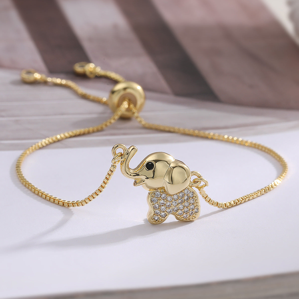 Luxury Minimalist Gold Plated Brass Geometric Elephant Bracelet with Cubic Zirconia for Women