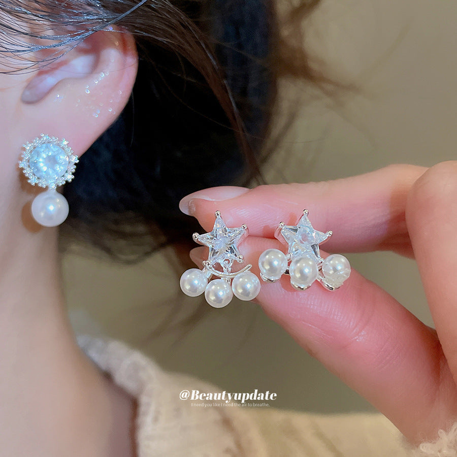 Pendientes de perlas con forma de estrella, elegantes y retro, con incrustaciones de circonita para mujer, joyería de oreja minimalista y ligera para la oficina