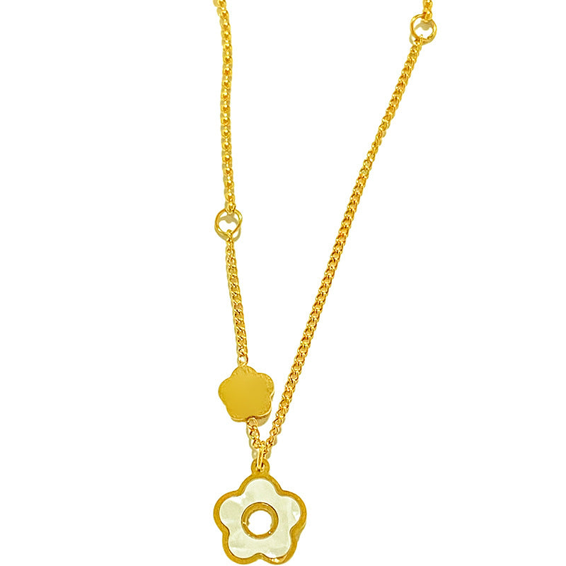 Minimalist Luxury Micro-inlay Shell Flower Asymmetric Titanium Steel Necklace