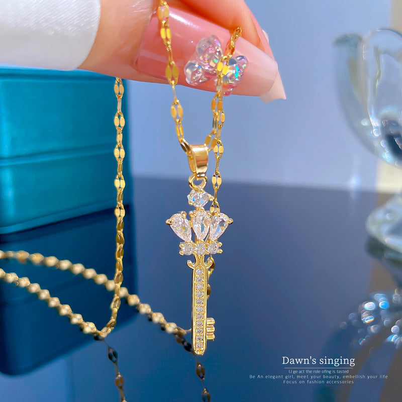 Luxury Titanium Steel Geometric Crown Key Pendant Necklace for Women Collar Chain