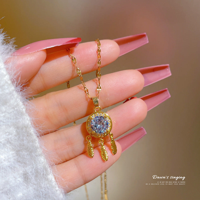 Ethnic-Inspired Feather Tassel Dreamcatcher Pendant Necklace in Titanium Steel with Zircon Inlay on Snake Chain for Women