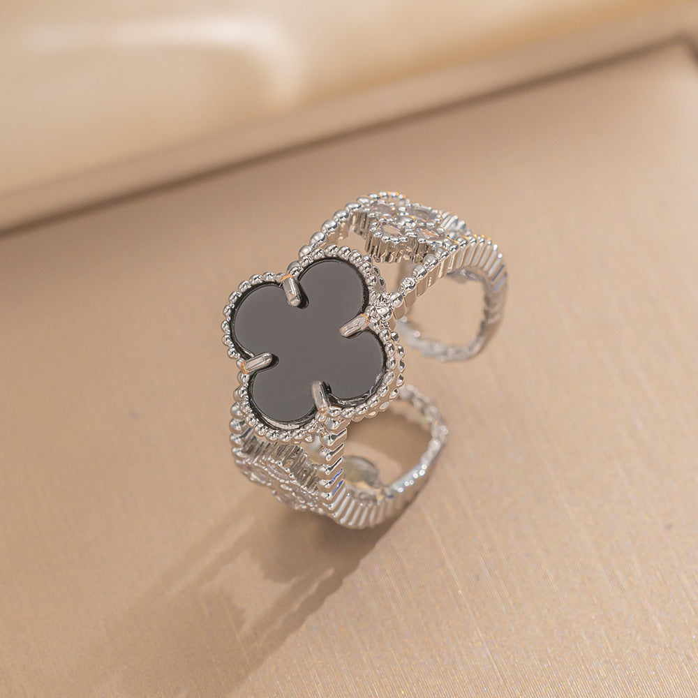 Luxury Minimalist Adjustable Open Ring for Women with Gold-Plated Copper Band and Zircon Stone Accent in Heart and Floral Shape