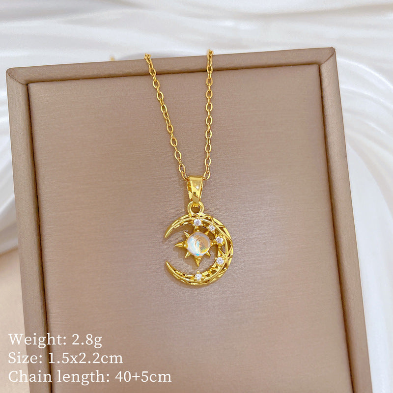 Sweet Elegant Moon Star Geometric Rhinestone Titanium Steel Necklace Unisex Cable Chain