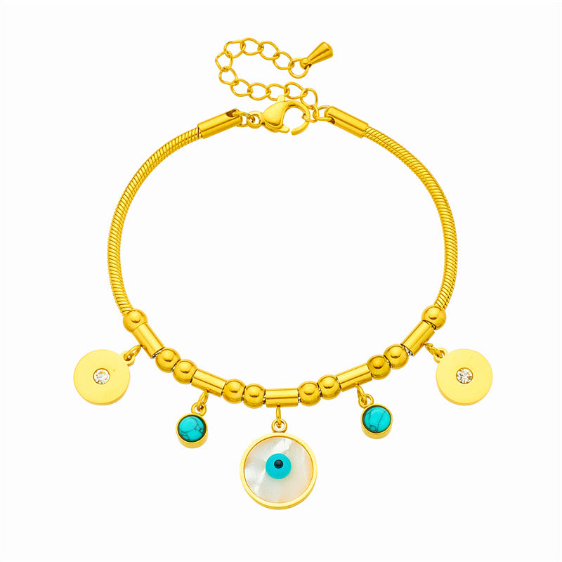 Vintage Style Round Blue-Eye Turquoise Pendant on Titanium Steel Plated Bracelet for Women