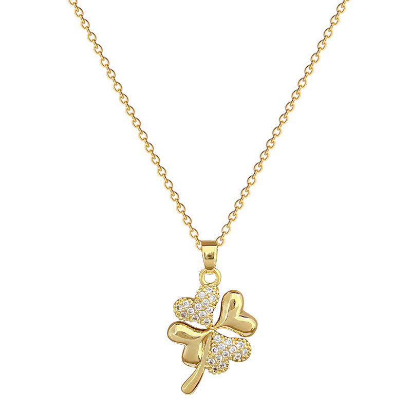 Collana da donna con ciondolo a quadrifoglio in acciaio al titanio di lusso con intarsi di strass completi, delicata catena clavicola dal design geometrico