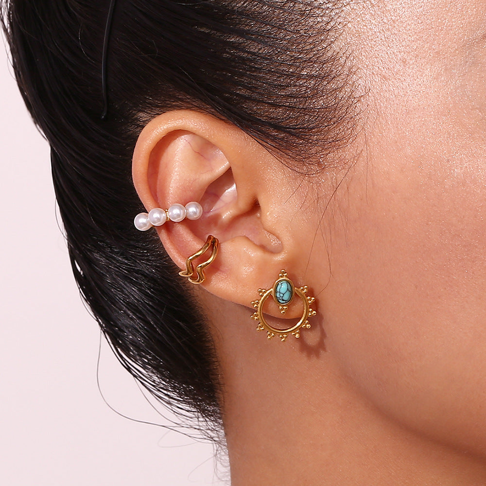 Orecchini a perno ovali geometrici bohémien stile vintage con turchese, da donna, in acciaio al titanio placcato oro 18K