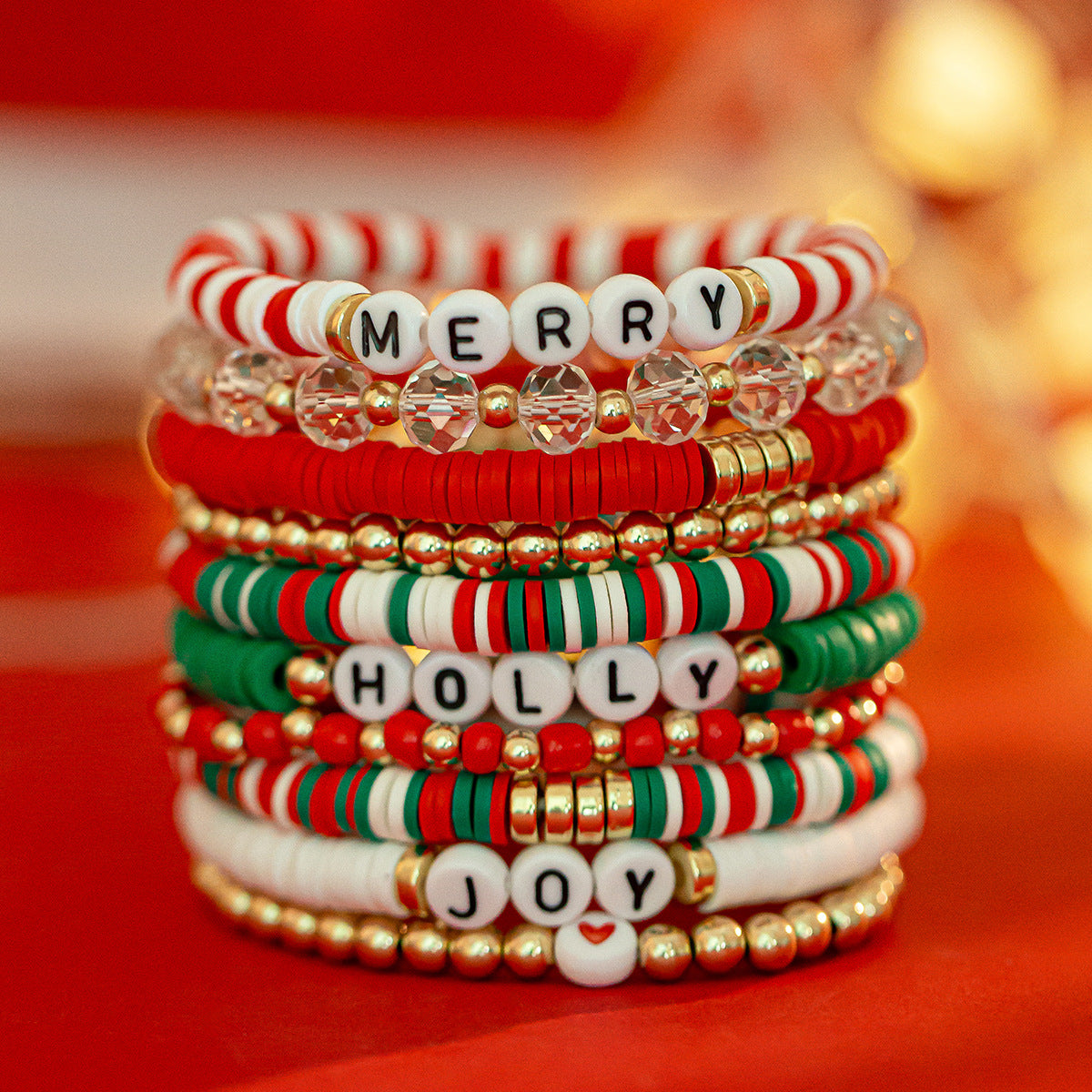Conjunto de Pulseras de Arcilla Polimérica Hechas a Mano Estilo Dibujo Animado de Navidad con Cuentas de Letras de Muñeco de Nieve, Corazones, Estrellas y Formas Geométricas para Mujer