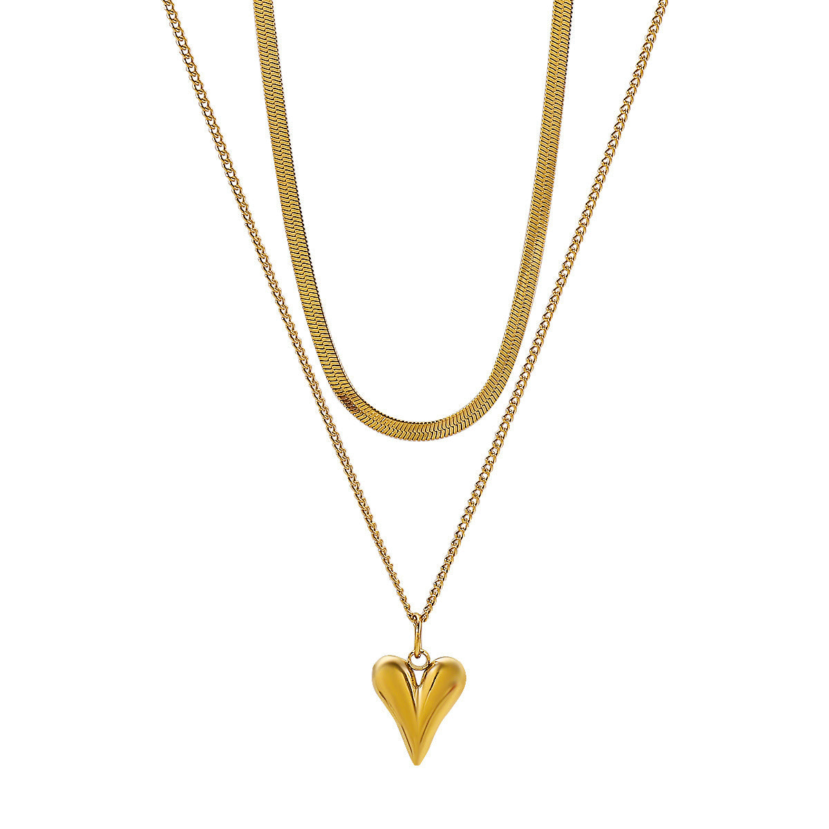 Collar de acero inoxidable con colgante en forma de corazón, dulce y atrevido, con acabado chapado para mujer, cadena de serpiente de doble capa