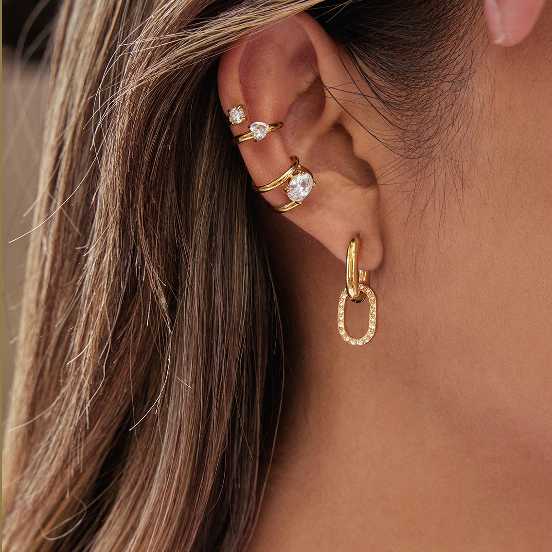 Orecchini a Clip Geometrici in Acciaio Inossidabile con Zirconi per Donna, Gioielli di Lusso Elettroplaccati alla Moda per Autunno e Inverno