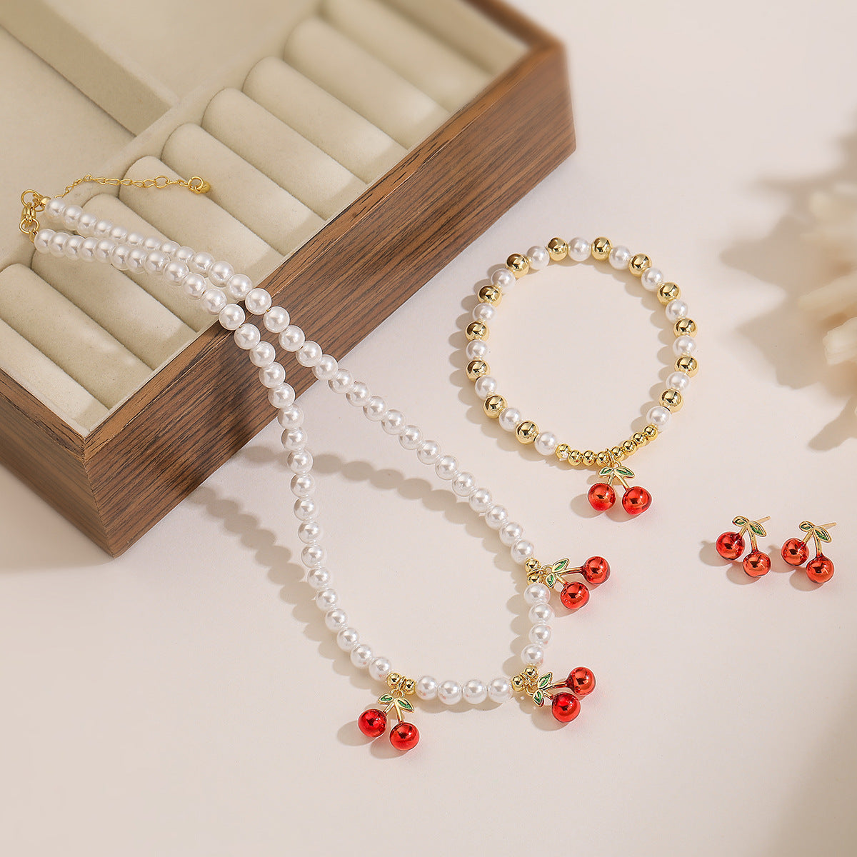 Minimalist Cherry-Shaped Pendant Necklace Set with Copper Base Plated in 18K Gold and Enamel Finish, Featuring Zircon Inlay and Irregular Design for Women