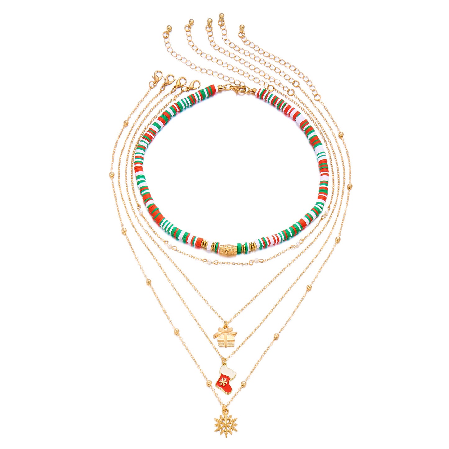 Collar de cuentas de arcilla polimérica con temática navideña con copo de nieve y colgante de Papá Noel de forma geométrica, gargantilla de cadena en O de aleación y electrochapada para mujer