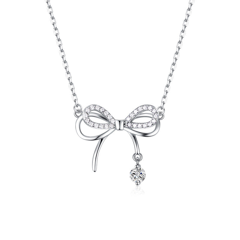 Bow-shaped Zirconia Clavicle Necklace for Women in Titanium Steel with Inlay Craftsmanship, Minimalist and Elegant Design