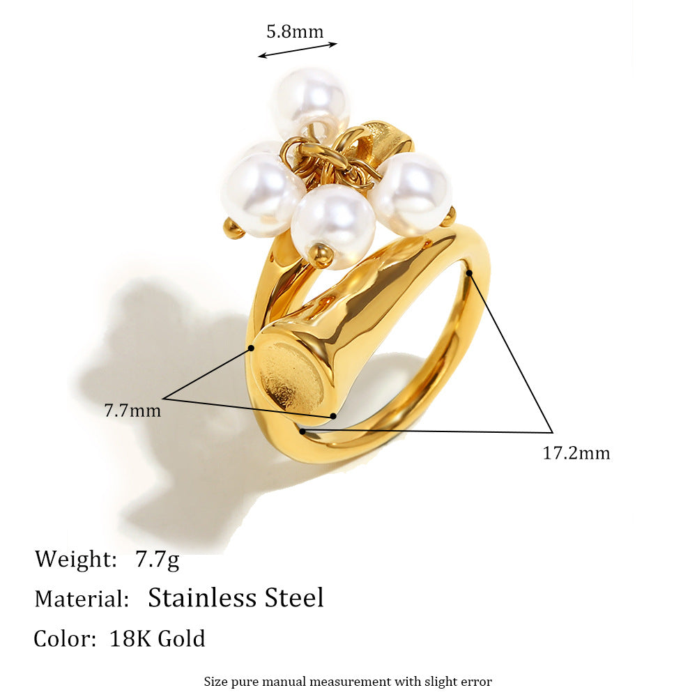Fashion Geometric Stainless Steel Ring with 18K Gold Plating and Pearl Tassel for Women