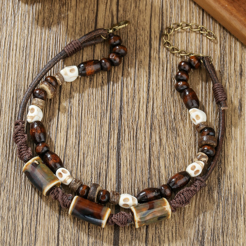 Bohemian Ethnic Geometric Wood Shell Braided Anklet for Men