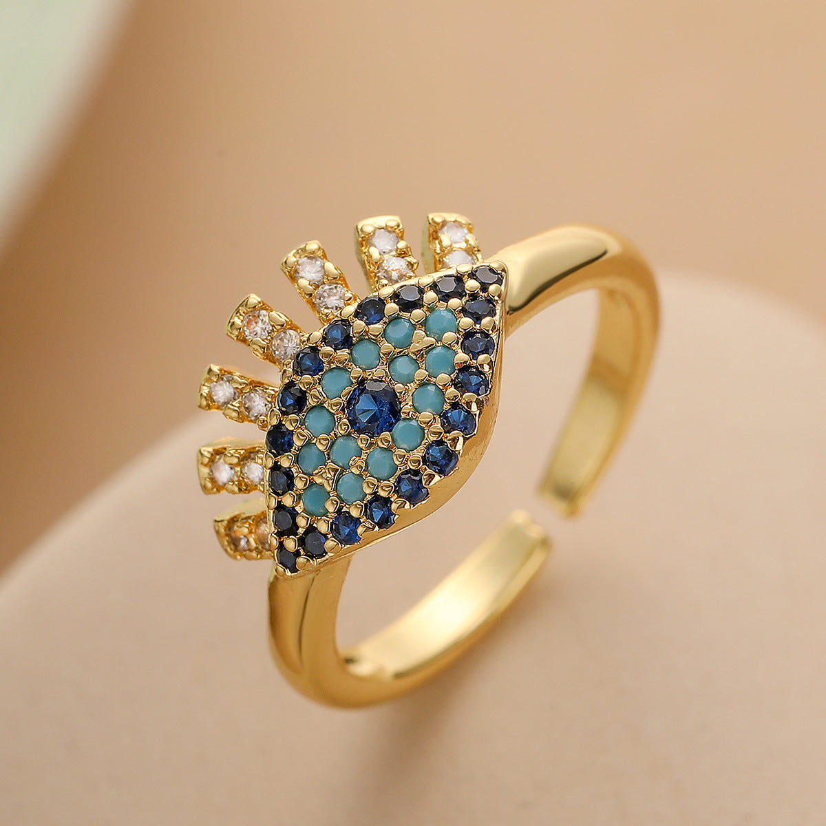 Minimalist Geometric Evil Eye Ring for Women in Brass with Gold Plating and Micro-Pave Zirconia