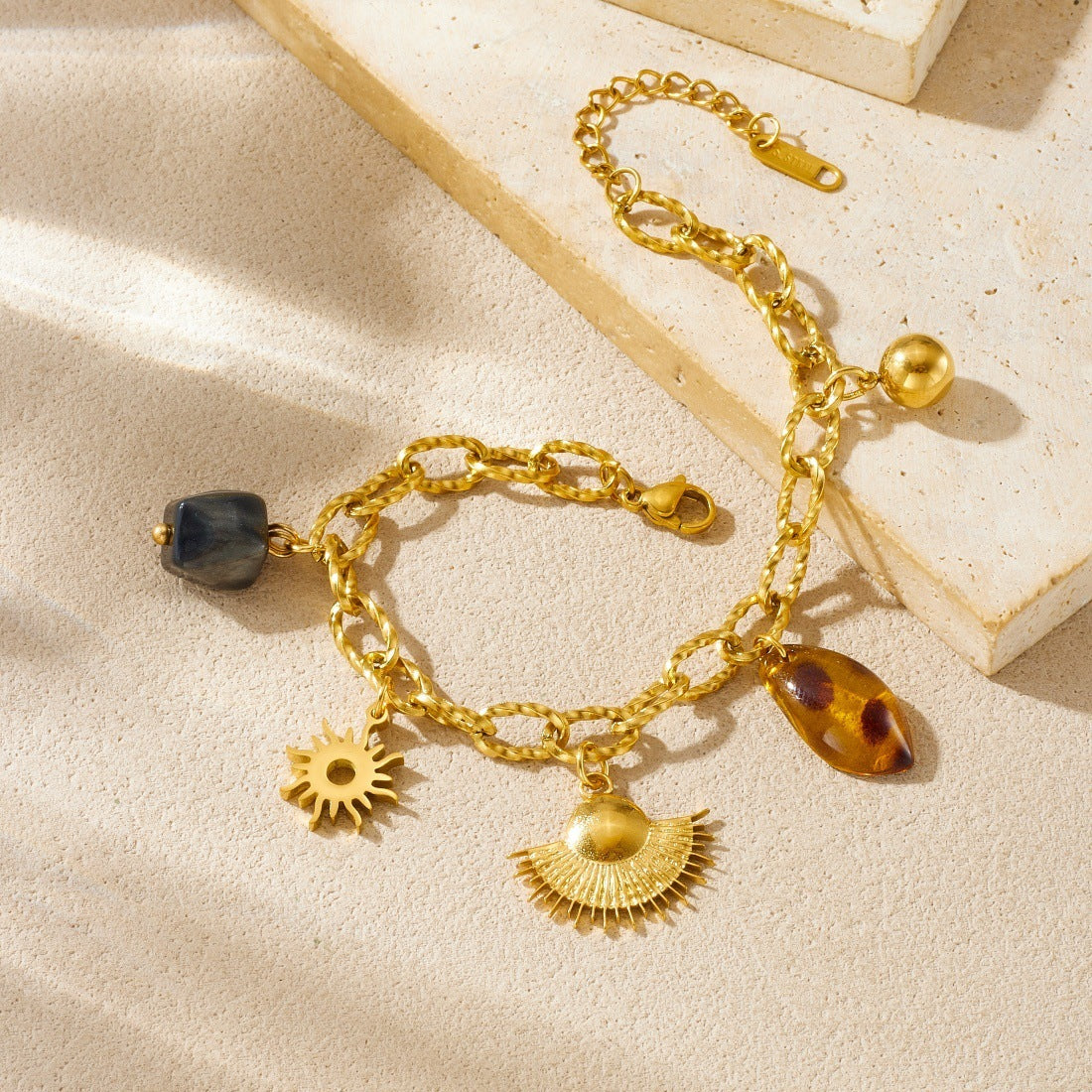 Vintage Gold Plated Geometric Sun Fan Stainless Steel Bracelet for Women