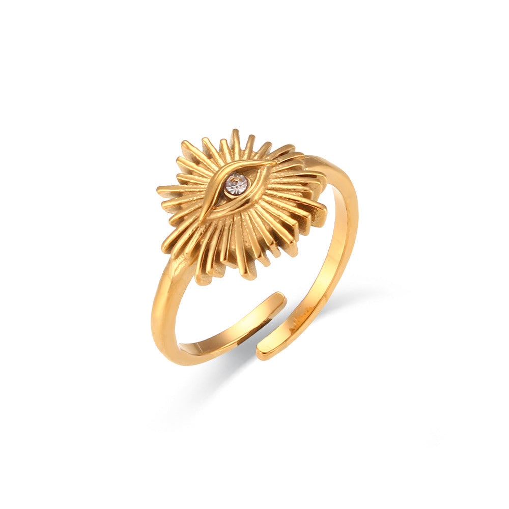 Fashionable Geometric Stainless Steel Plated 18K Gold Tone Evil Eye Open Ring for Women