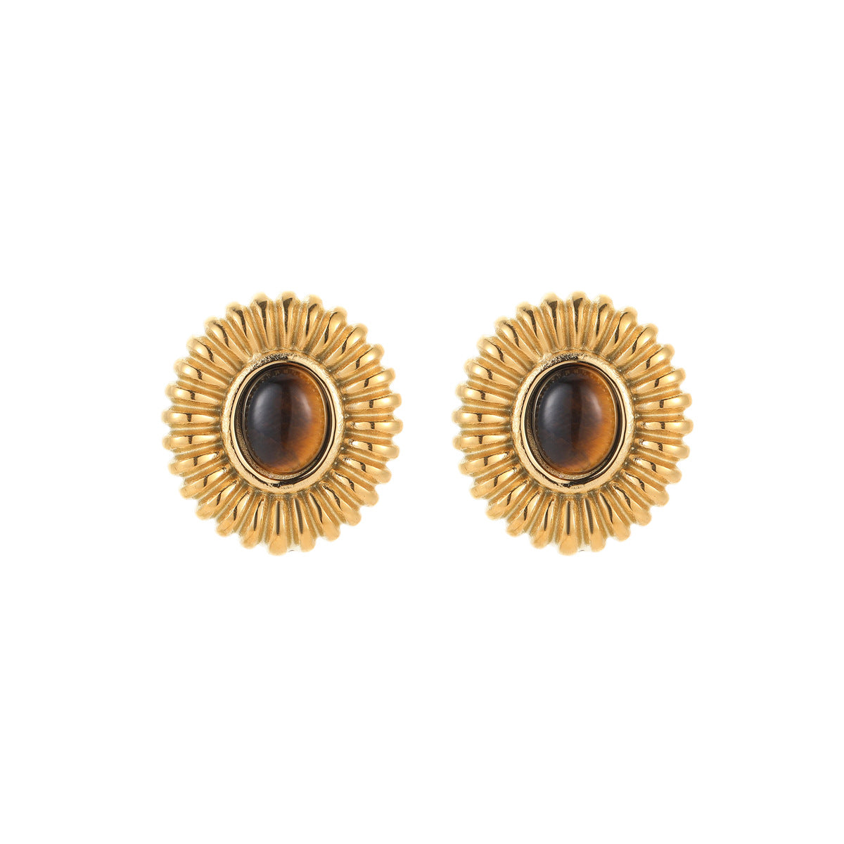 Pendientes de botón de ágata ojo de tigre con diseño geométrico de estilo vintage en acero inoxidable con baño de oro para mujer