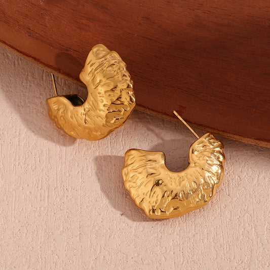Pendientes de Acero Inoxidable con Baño de Oro de 18K Martillados con Forma de Abanico Geométrico Hueco Minimalista para Mujer