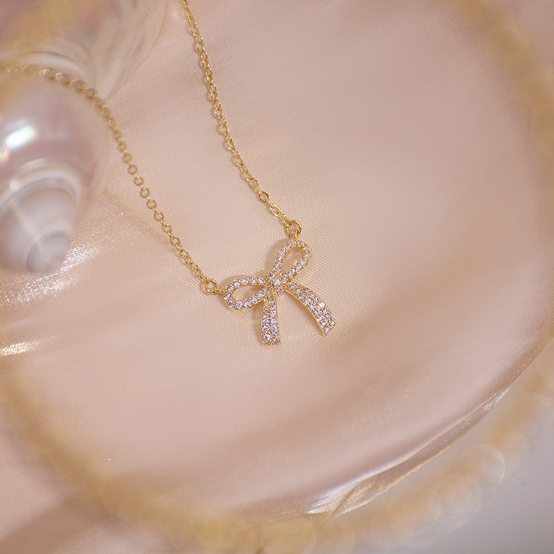 Sweet Minimalist Bow-Shaped Titanium Steel Necklace with Rhinestone Inlay for Women and Men, Delicate Clavicle Chain