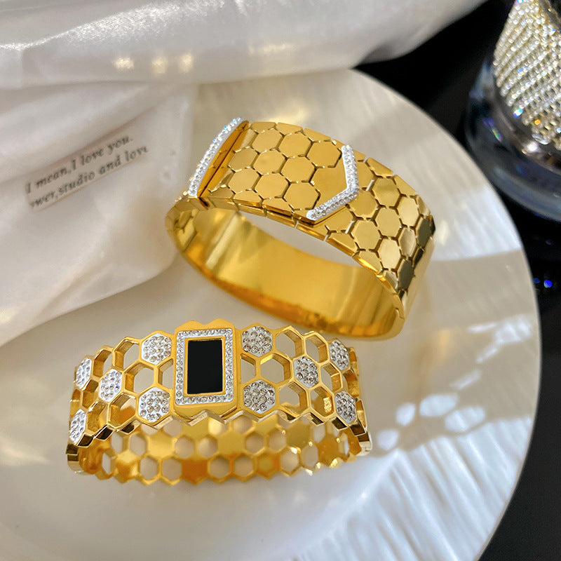 Geometric Honeycomb Plated Titanium Steel Bracelet with Rhinestone for Women