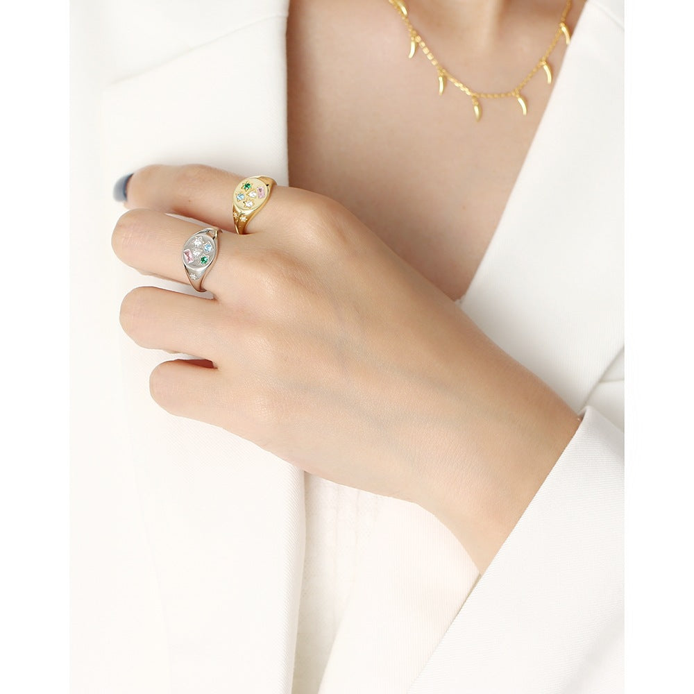 Minimalist Star-Shaped S925 Sterling Silver Ring with Micro-Paved Colored Zirconia for Women