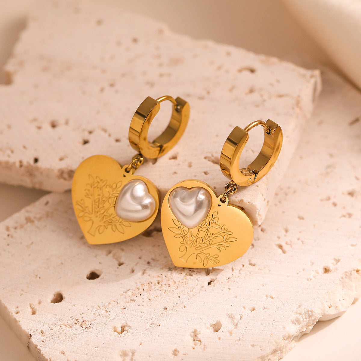 Minimalist Heart-Shaped Titanium Steel Earrings with Genuine Gold Plating and Zircon Inlay for Women