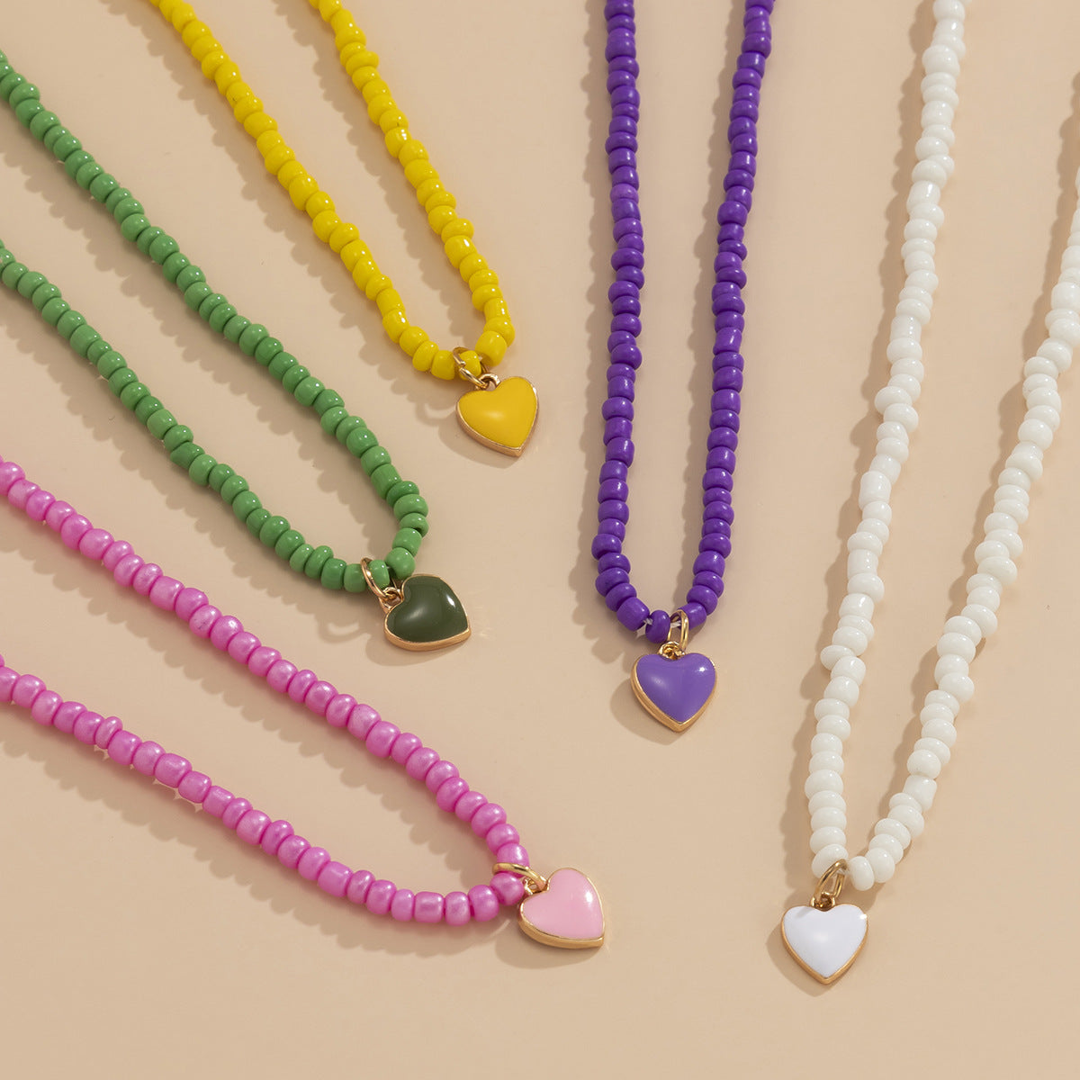 Sweet Drip Oil Heart Geometric Alloy Pendant Glass Bead Ball Chain Necklace