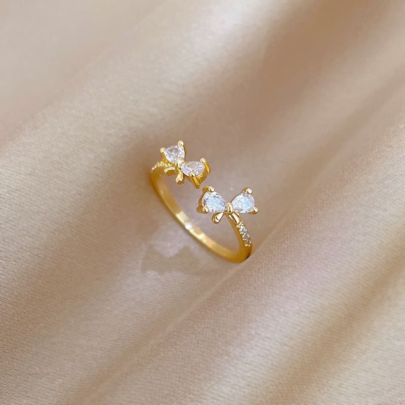 Anello regolabile con strass a fiocco placcato in ottone Anello da donna fresco e dolce Kawaii